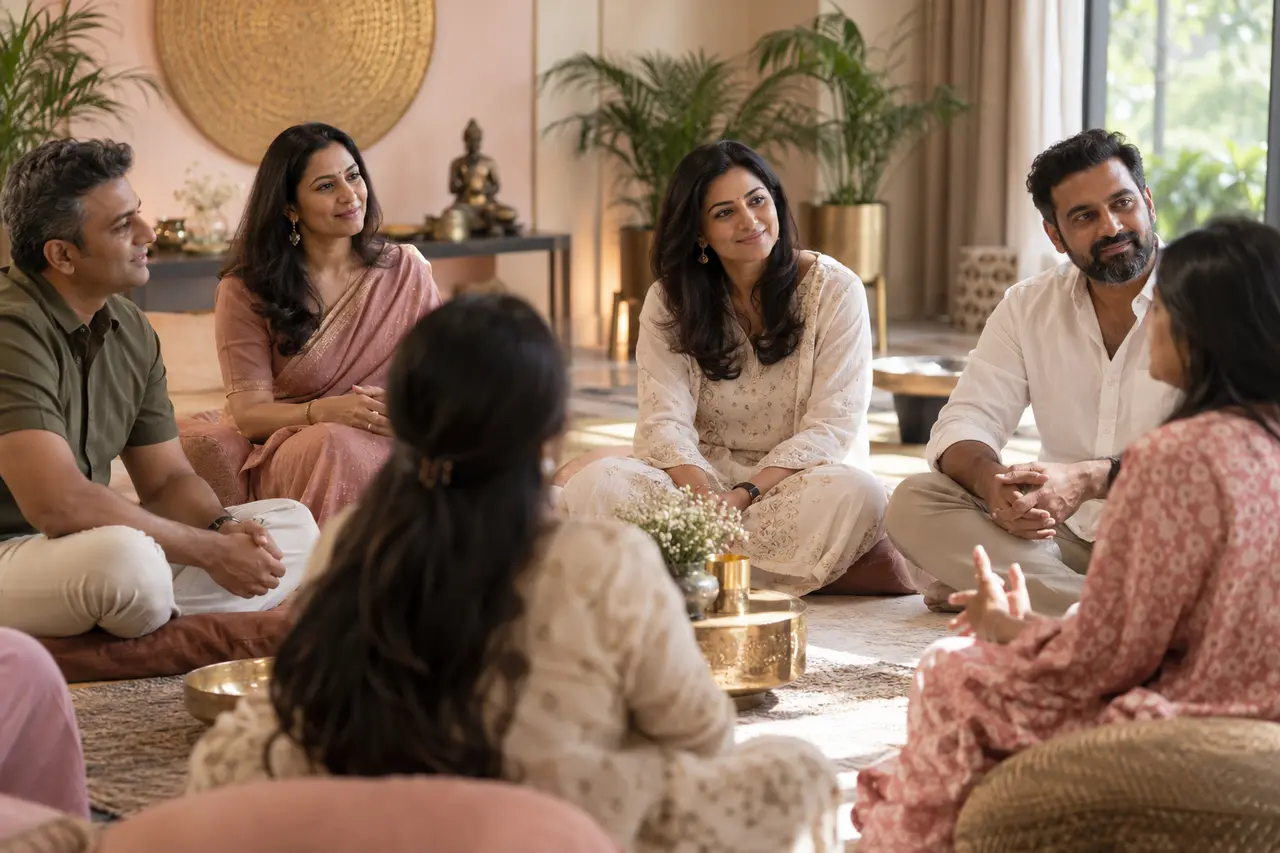 Indian adults in a guided personal growth workshop